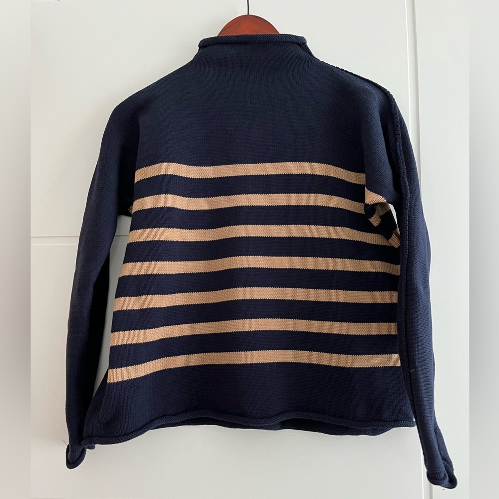 Frank & Eileen navy camel striped rolled funnel neck sweater